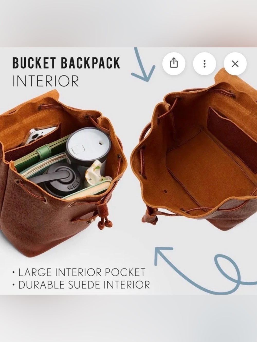 Portland Leather Nutmeg Brown Pebbled Leather Bucket Backpack - Picture 9 of 13